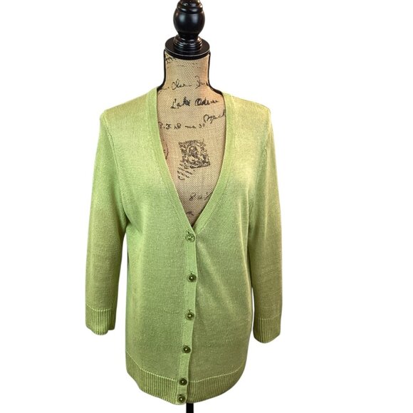 Talbots Linen Button Down Cardigan Open Weave Women’s Large Sweater Light Green - Picture 3 of 9